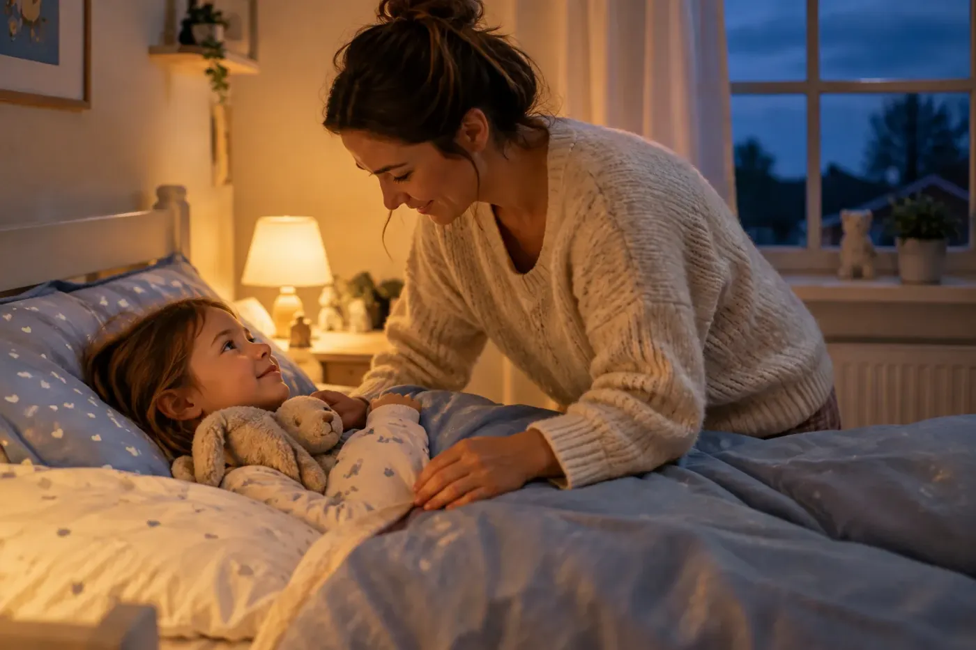 Ouder leest voor bij het bed van een kind in het licht van een schemerlamp