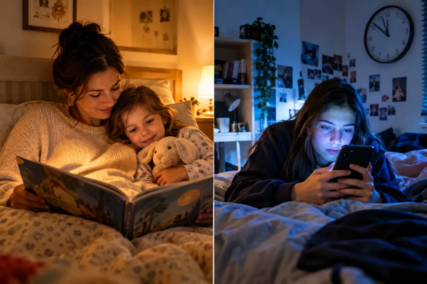 Links leest een ouder voor in bed, rechts ligt een tiener in het donker met haar telefoon