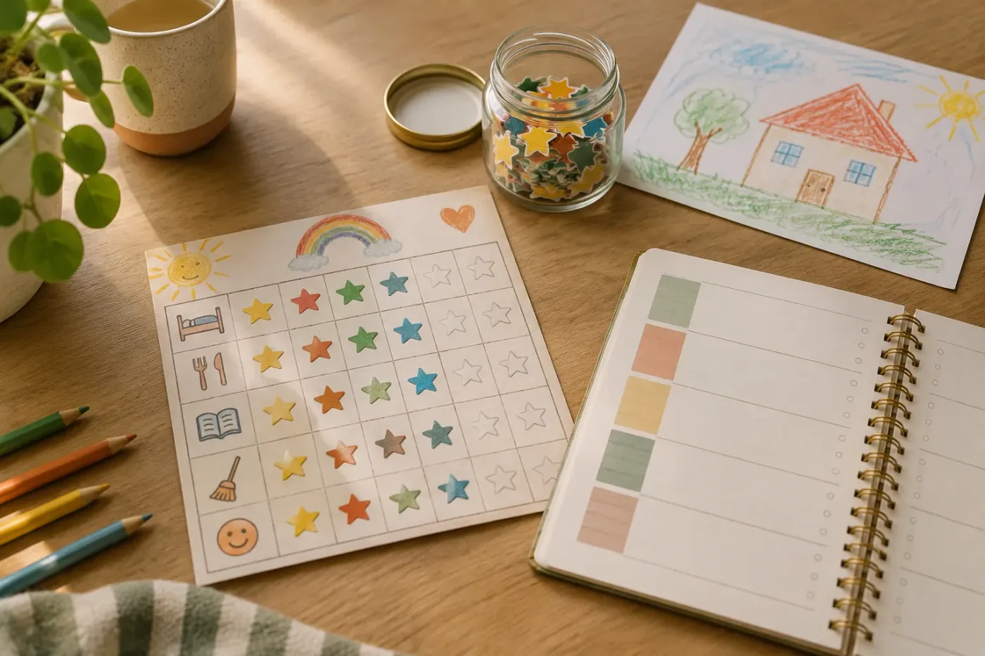 Zelfgemaakte beloningskaart met gekleurde sterstickers naast een potje stickers en een kindertekening op de keukentafel