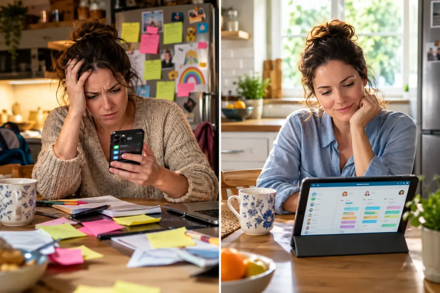 Links kijkt een gestreste moeder naar haar telefoon tussen plakbriefjes, rechts bekijkt ze ontspannen een weekoverzicht op een tablet