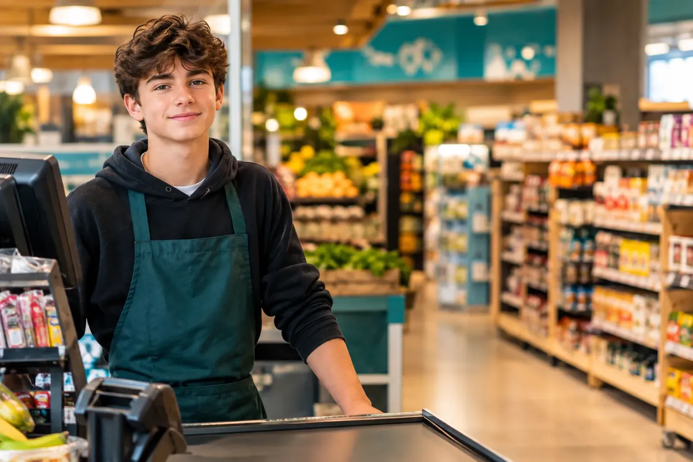 Tiener met een schort achter de toonbank van een winkel