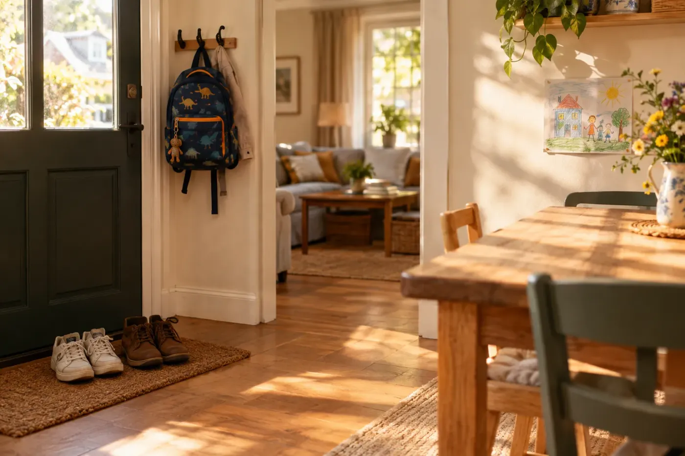 Kinderrugzak aan een haak bij de voordeur en twee paar schoenen van volwassenen naast elkaar op de mat
