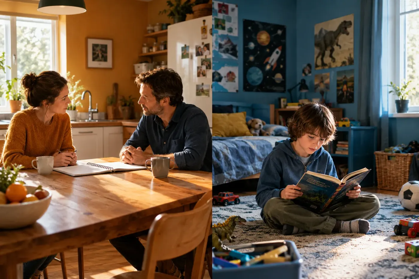 Twee ouders overleggen aan de keukentafel met een schrift, terwijl hun zoon in zijn eigen kamer rustig een boek leest