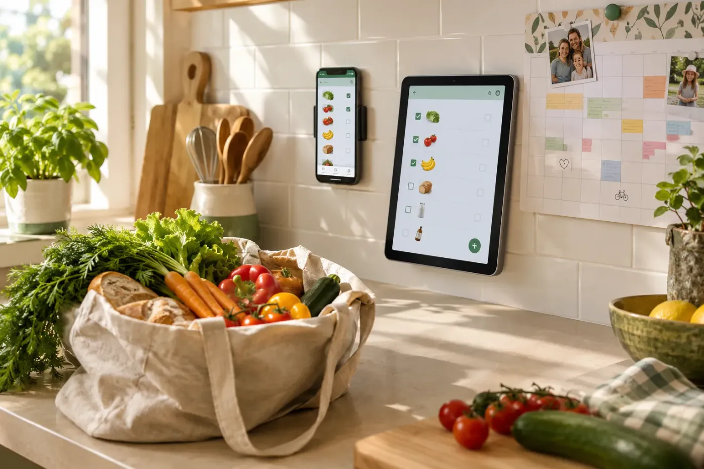 Keukenaanrecht met een linnen tas vol groenten en brood, en aan de muur een telefoon en een tablet met een afvinklijst