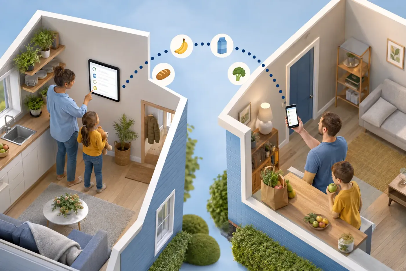Twee huizen verbonden door een stippellijn met boodschappen, in het ene huis een tablet aan de muur en in het andere een telefoon met dezelfde lijst