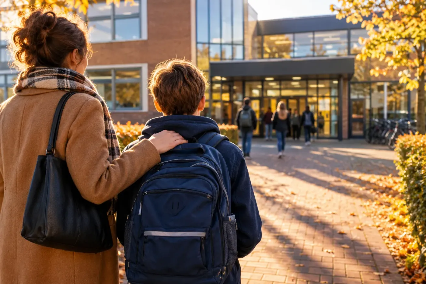 Een ouder legt een hand op de schouder van een kind met rugzak voor de ingang van een middelbare school