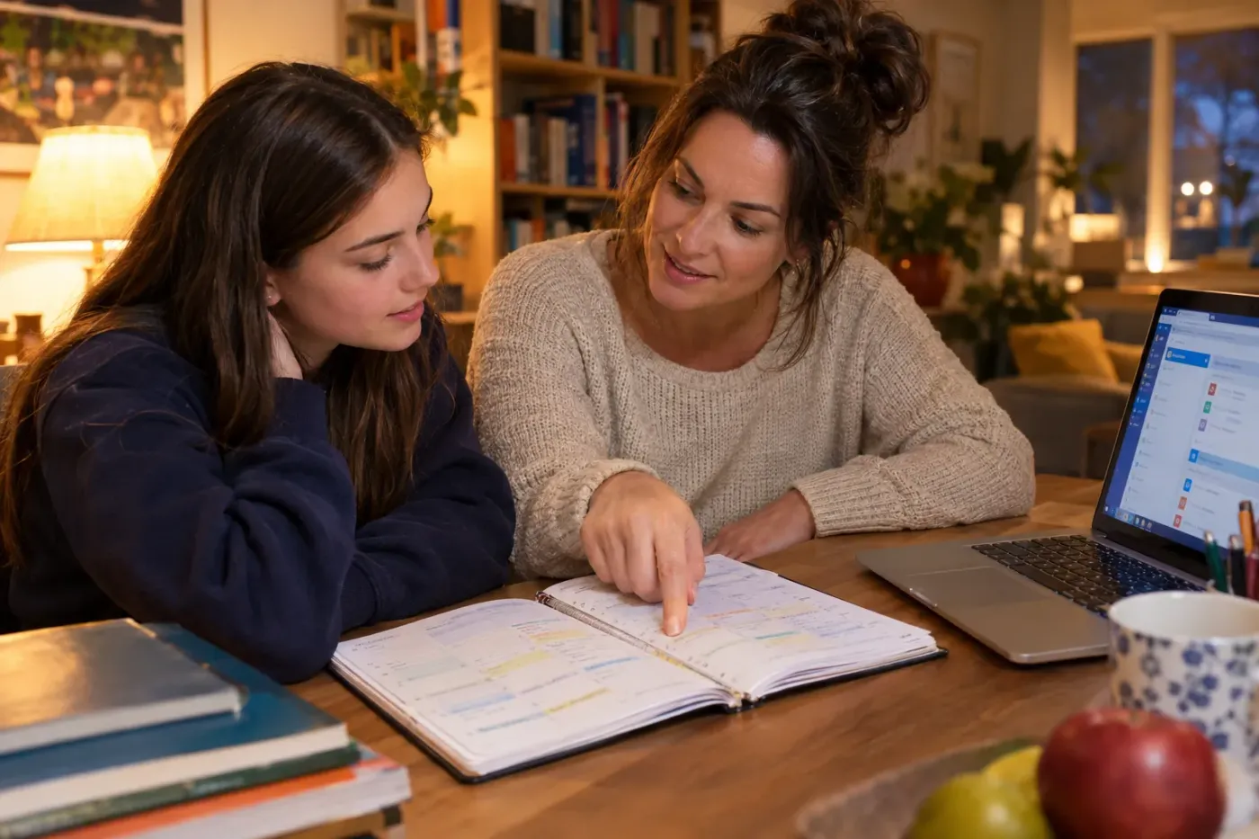 Moeder en dochter zitten ’s avonds aan de keukentafel over een opengeslagen schoolagenda, met een laptop ernaast