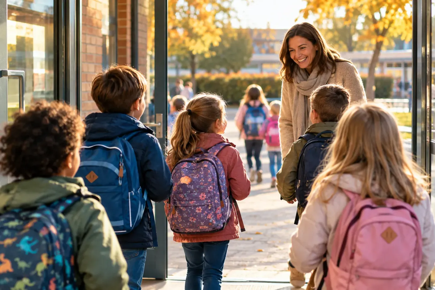 Kinderen met rugzakken lopen na school naar een lachende begeleidster op de speelplaats in de herfstzon