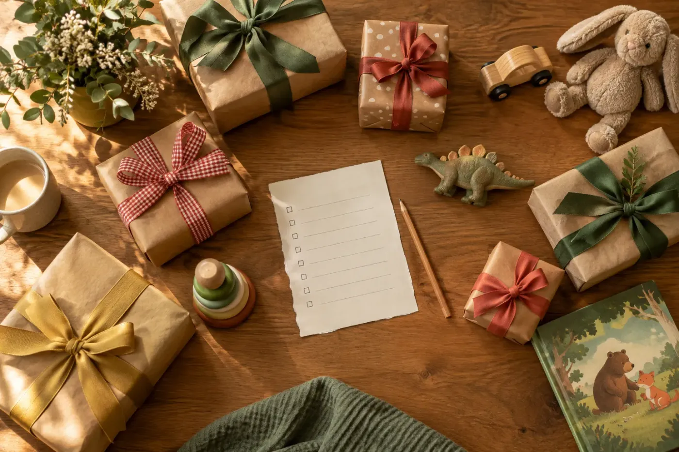 Houten keukentafel van bovenaf gezien, met ingepakte cadeaus erop
