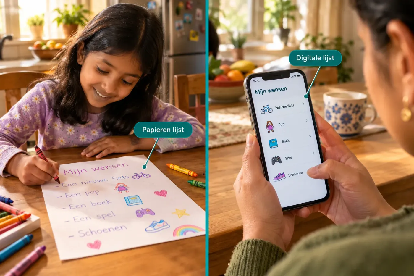 Familieleden bekijken op hun telefoon welke cadeaus al gereserveerd zijn
