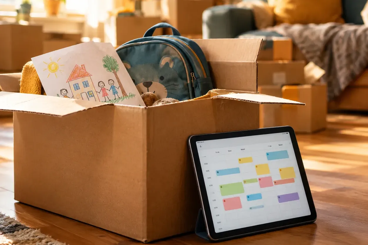 Open verhuisdoos met een kindertekening en een rugzakje, naast een tablet met een weekplanning in een half ingepakte woonkamer