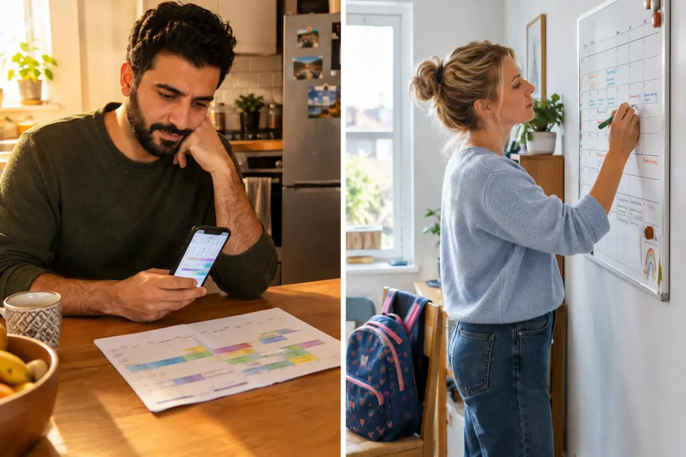 Een vader aan de keukentafel met een weekplanning en zijn telefoon, en een moeder die in haar eigen huis afspraken op een whiteboardkalender schrijft