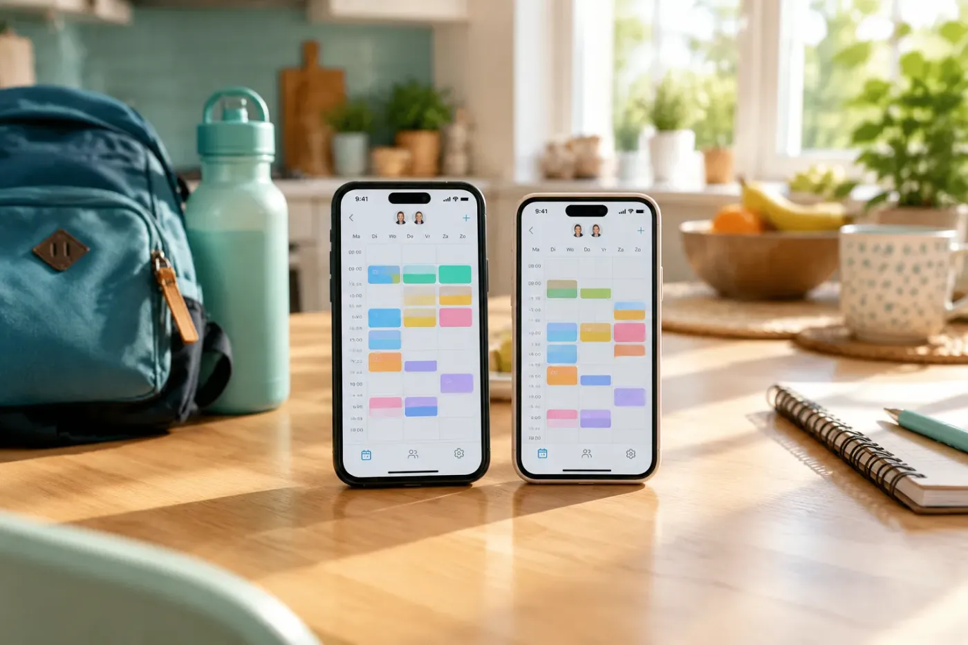 Twee smartphones met dezelfde gedeelde gezinsagenda naast een kinderrugzak op de keukentafel