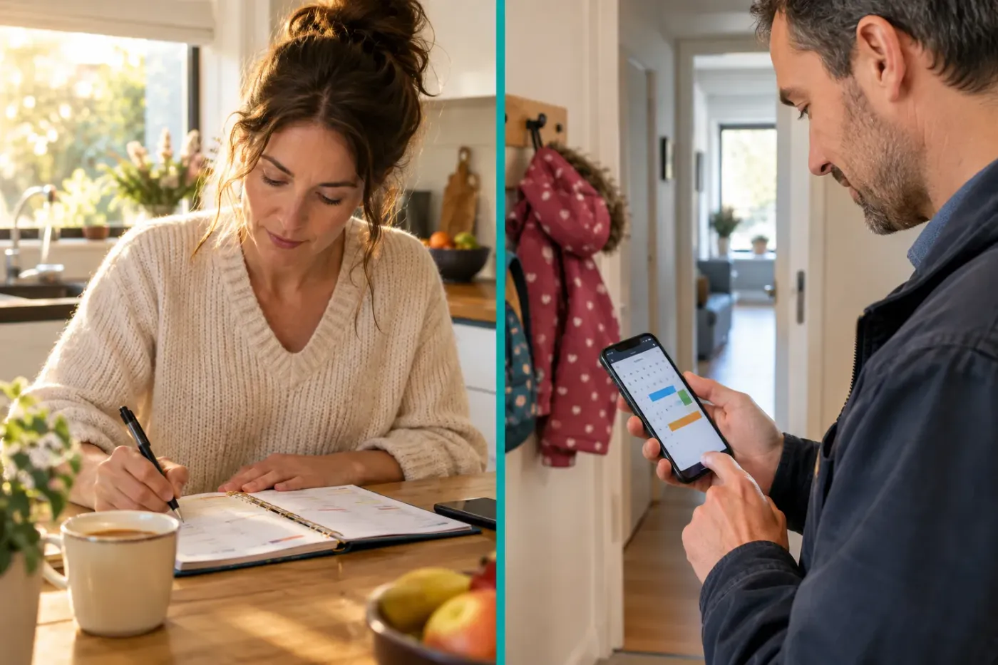 Moeder plant met een papieren planner in de keuken, vader bekijkt de gedeelde agenda op zijn telefoon in de gang