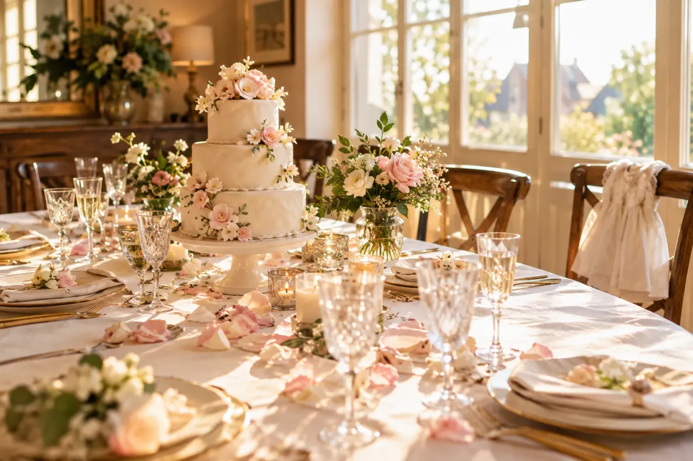 Feestelijk gedekte tafel met een taart in drie lagen, bloemen en glazen bij het raam
