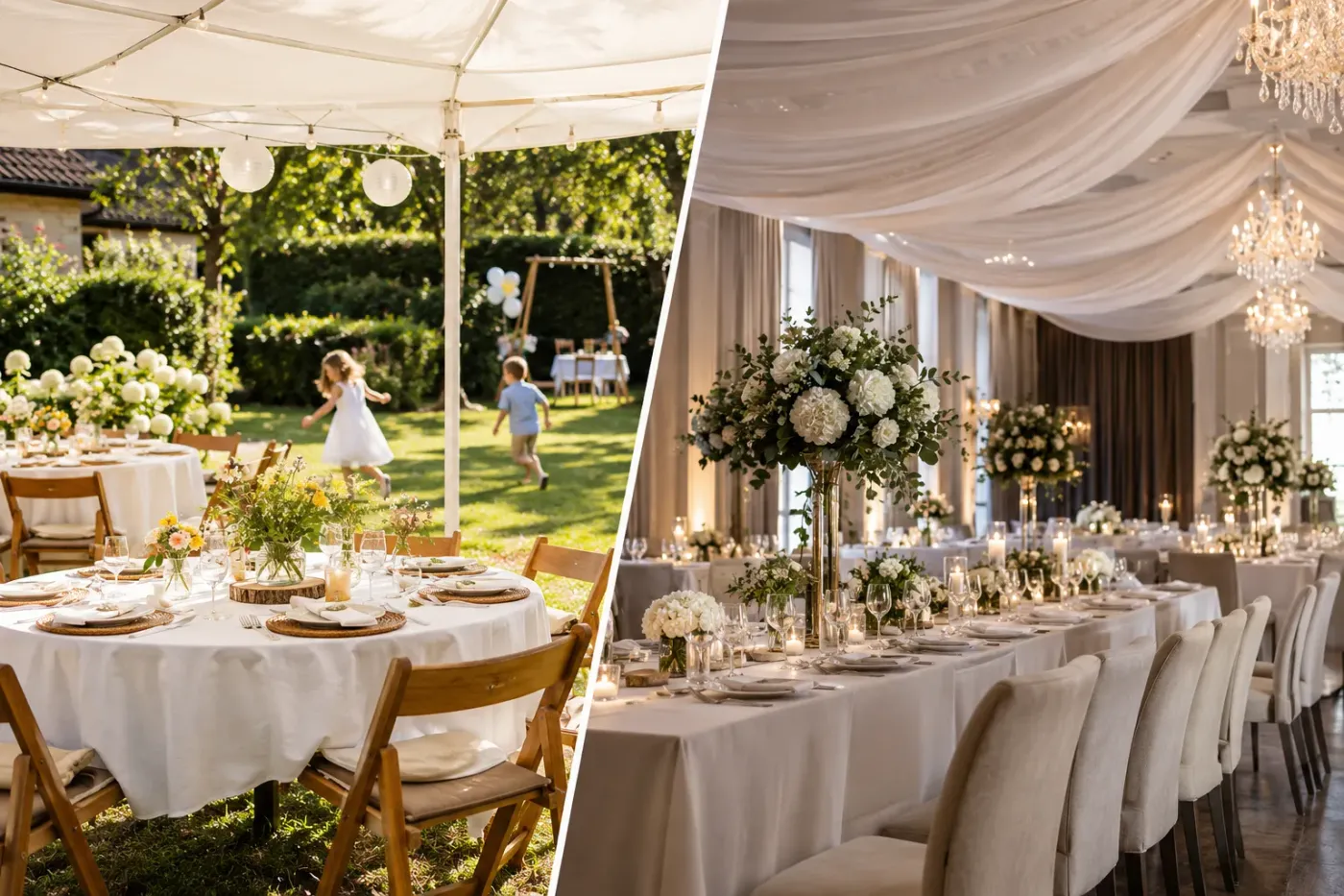 Links een gedekte tafel onder een tent in de tuin met spelende kinderen, rechts een feestzaal met lange gedekte tafels