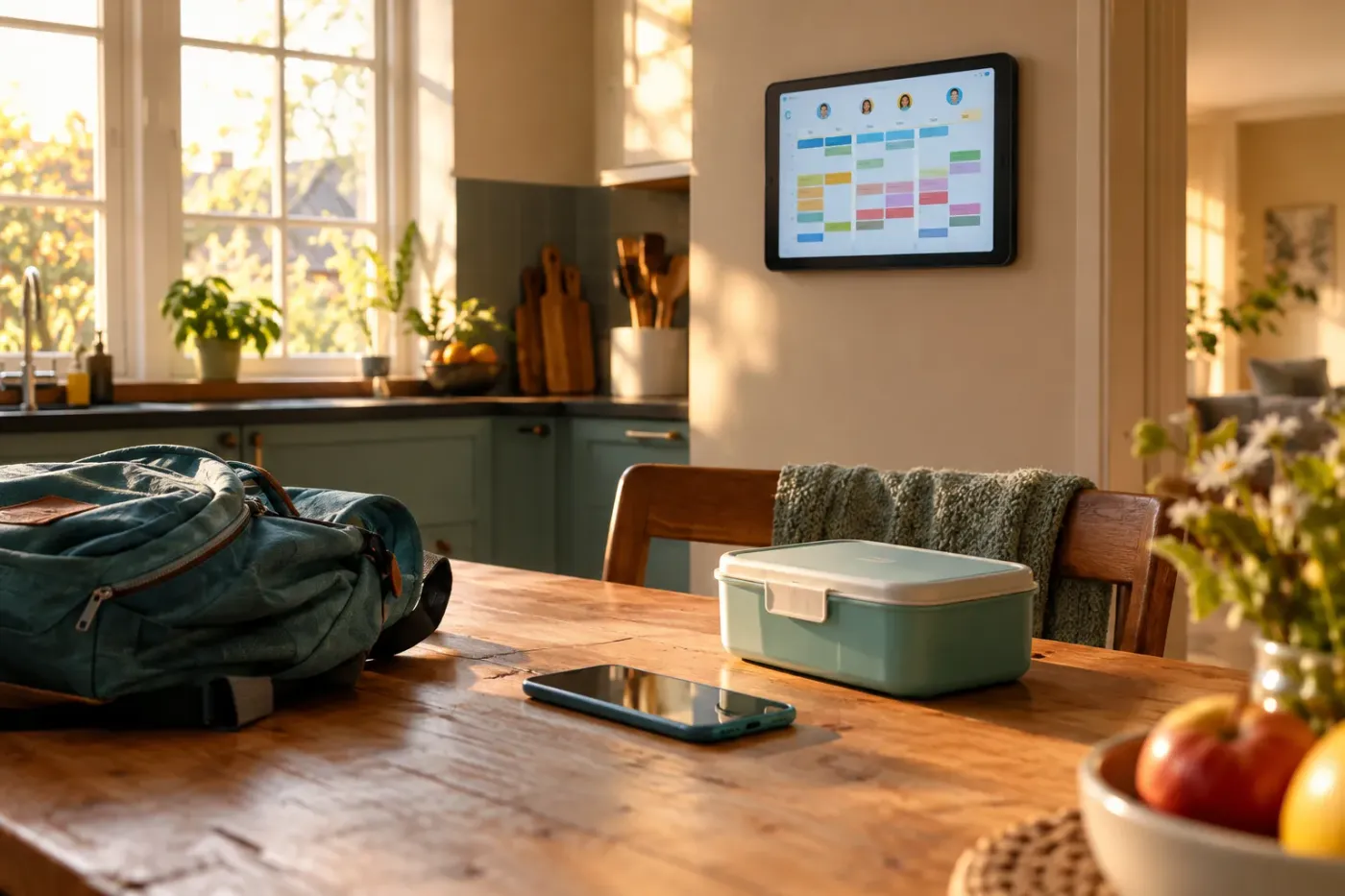 Zonnige keuken met een tablet met een kleurrijke gezinsagenda aan de muur en een boekentas en brooddoos op tafel