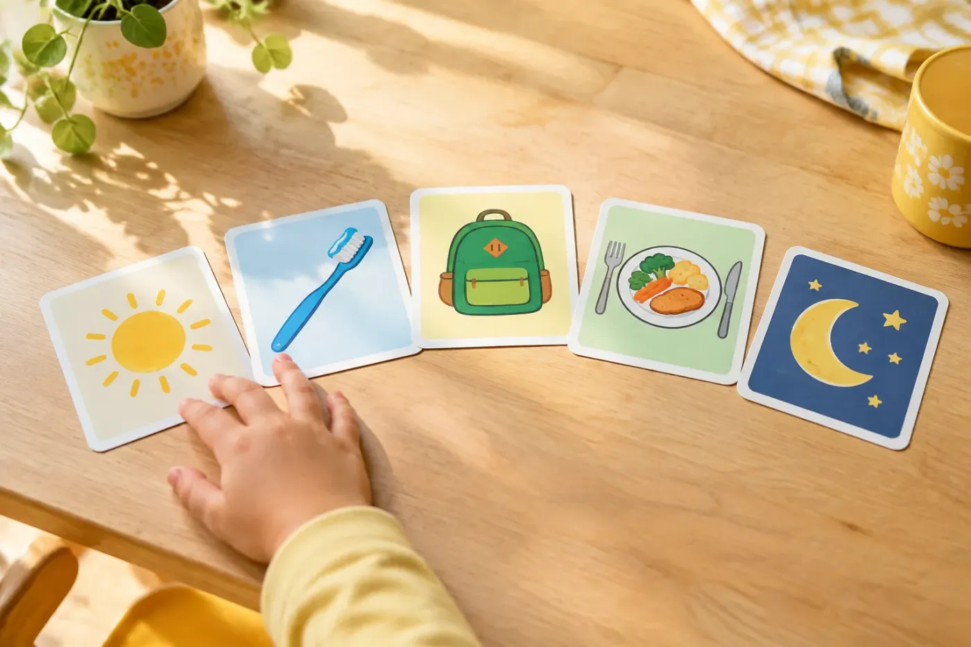 Kinderhand pakt een dagritmekaart van een reeks kaartjes met pictogrammen op de keukentafel