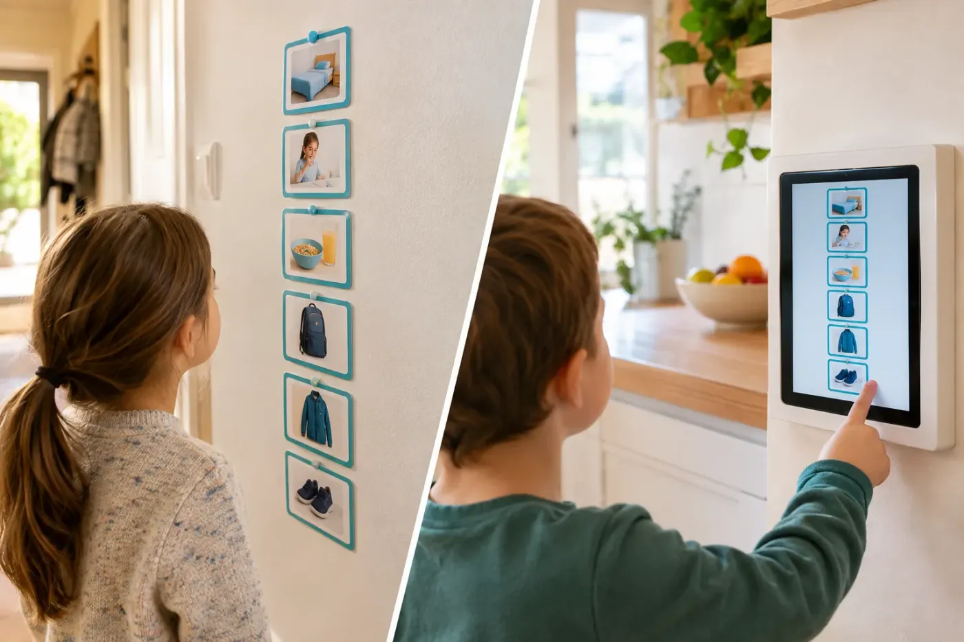 Dagritmekaarten op muur versus tablet familiescherm