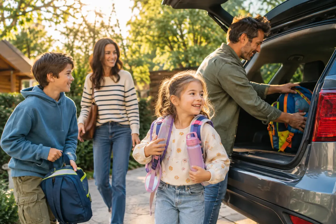 Gezin met twee kinderen loopt in de ochtendzon naar de auto met rugzakken