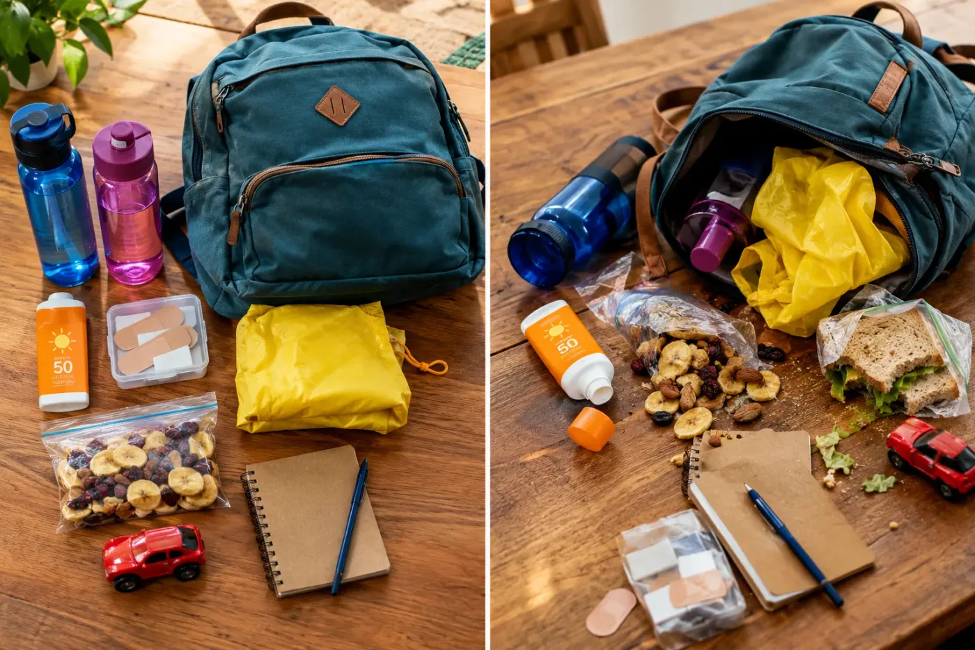 Rugzak met drinkbussen, zonnecreme, pleisters en boterhammen, links ingepakt en rechts uitgestald op tafel