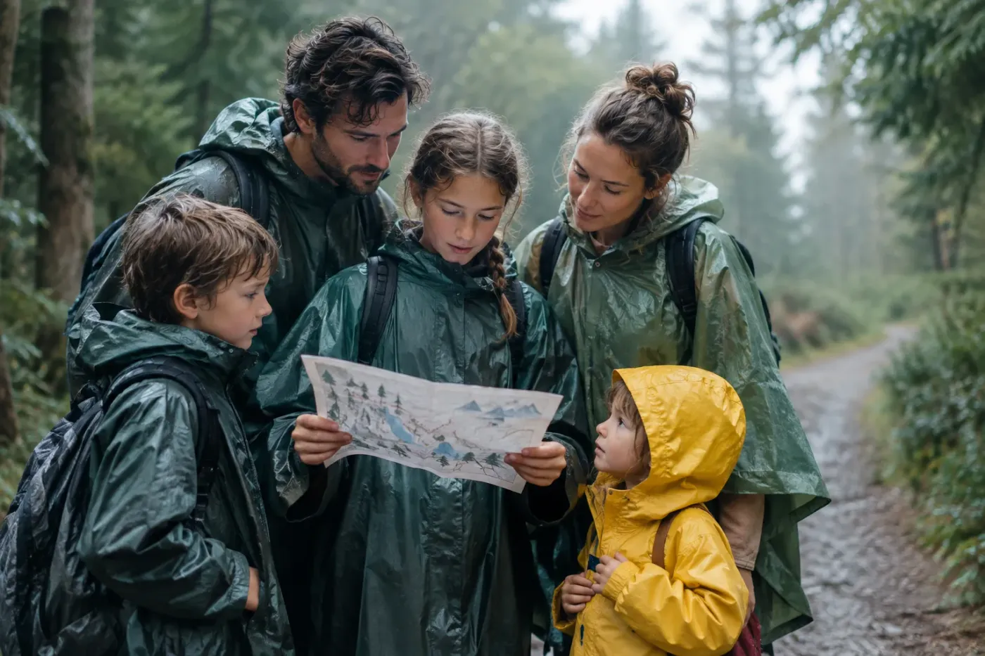 Gezin in regenjassen kijkt samen op een kaart op een bospad in de mist