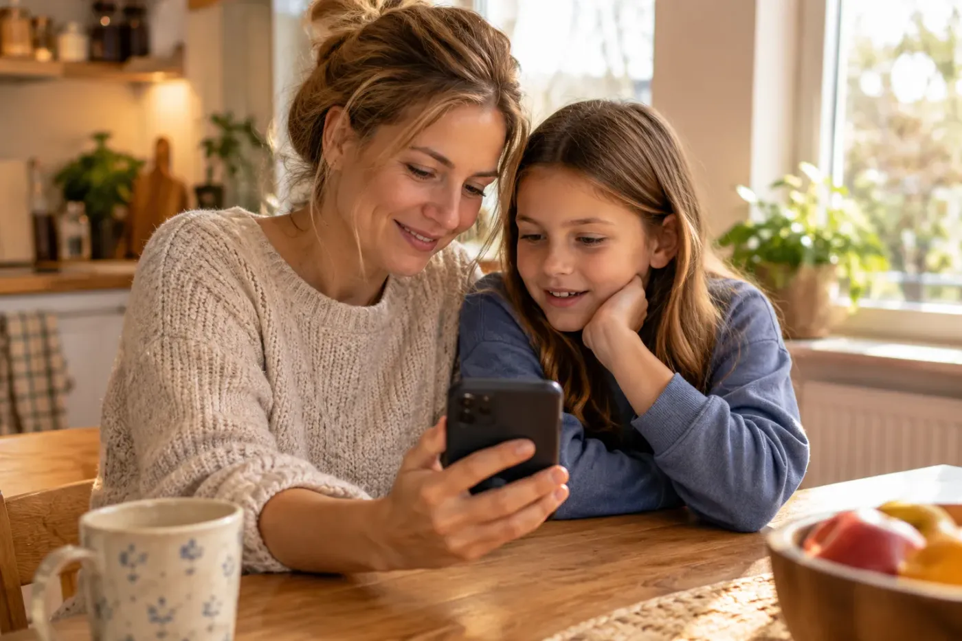 Ouder en kind aan de keukentafel bekijken samen een smartphone in zacht daglicht