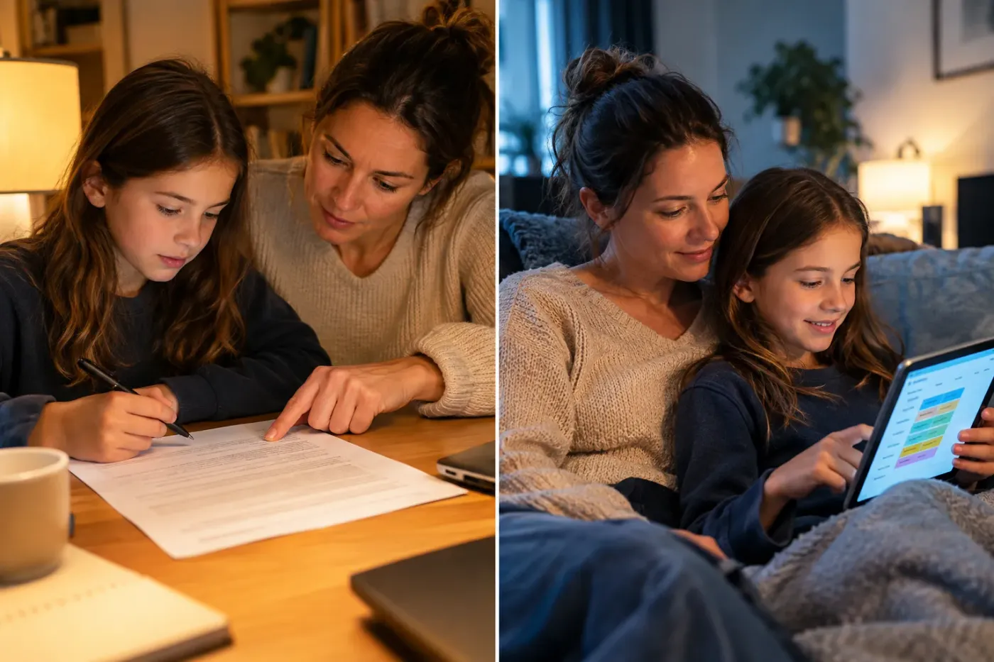 Links schrijft een meisje samen met haar moeder afspraken op papier, rechts kijken ze samen op de bank naar een tablet