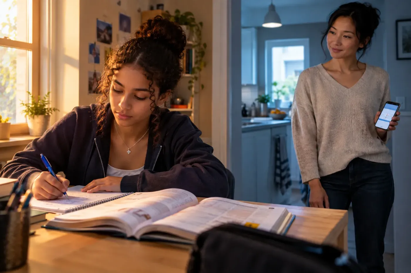 Tiener studeert met een open cursus aan een bureau bij het raam terwijl haar moeder vanuit de keukendeur toekijkt