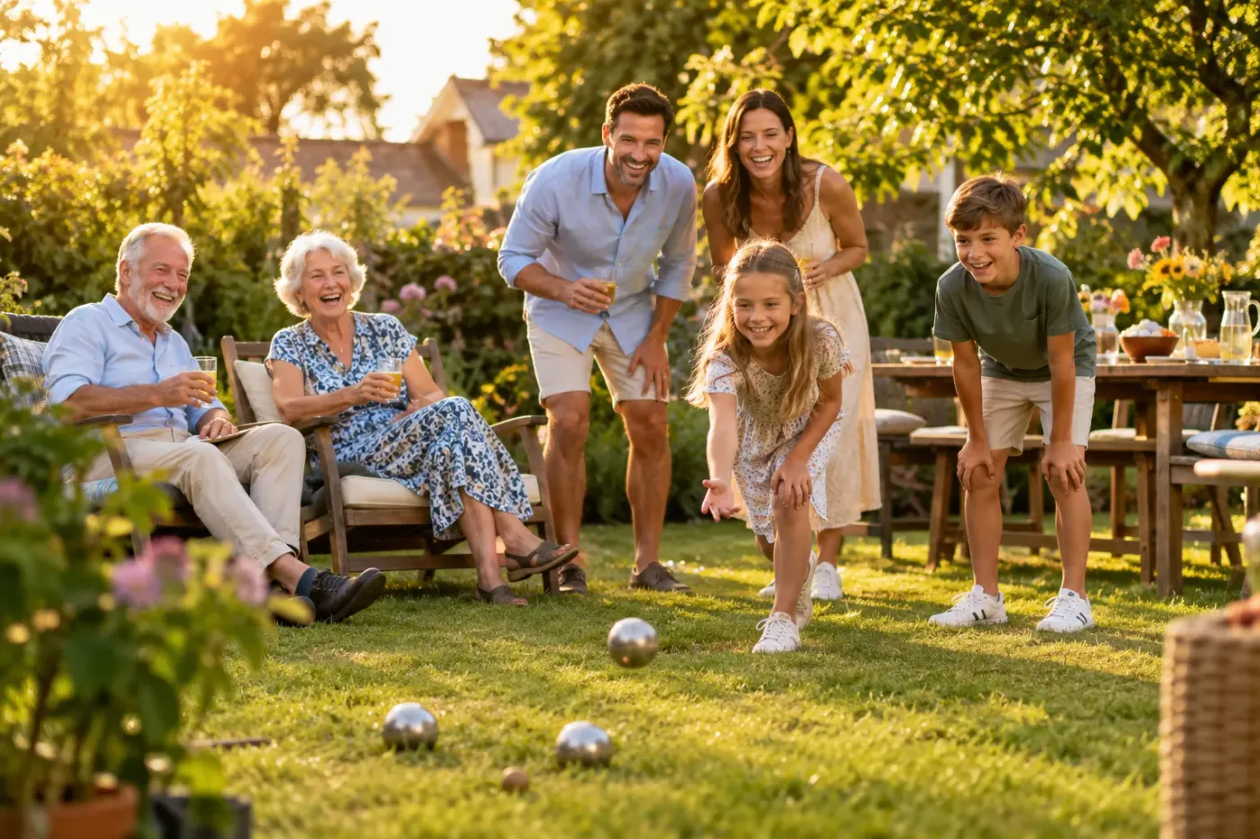 Grootouders in tuinstoelen lachen terwijl een meisje een petanquebal gooit en haar ouders en broer toekijken, op een zonnig gazon met een gedekte tafel op de achtergrond