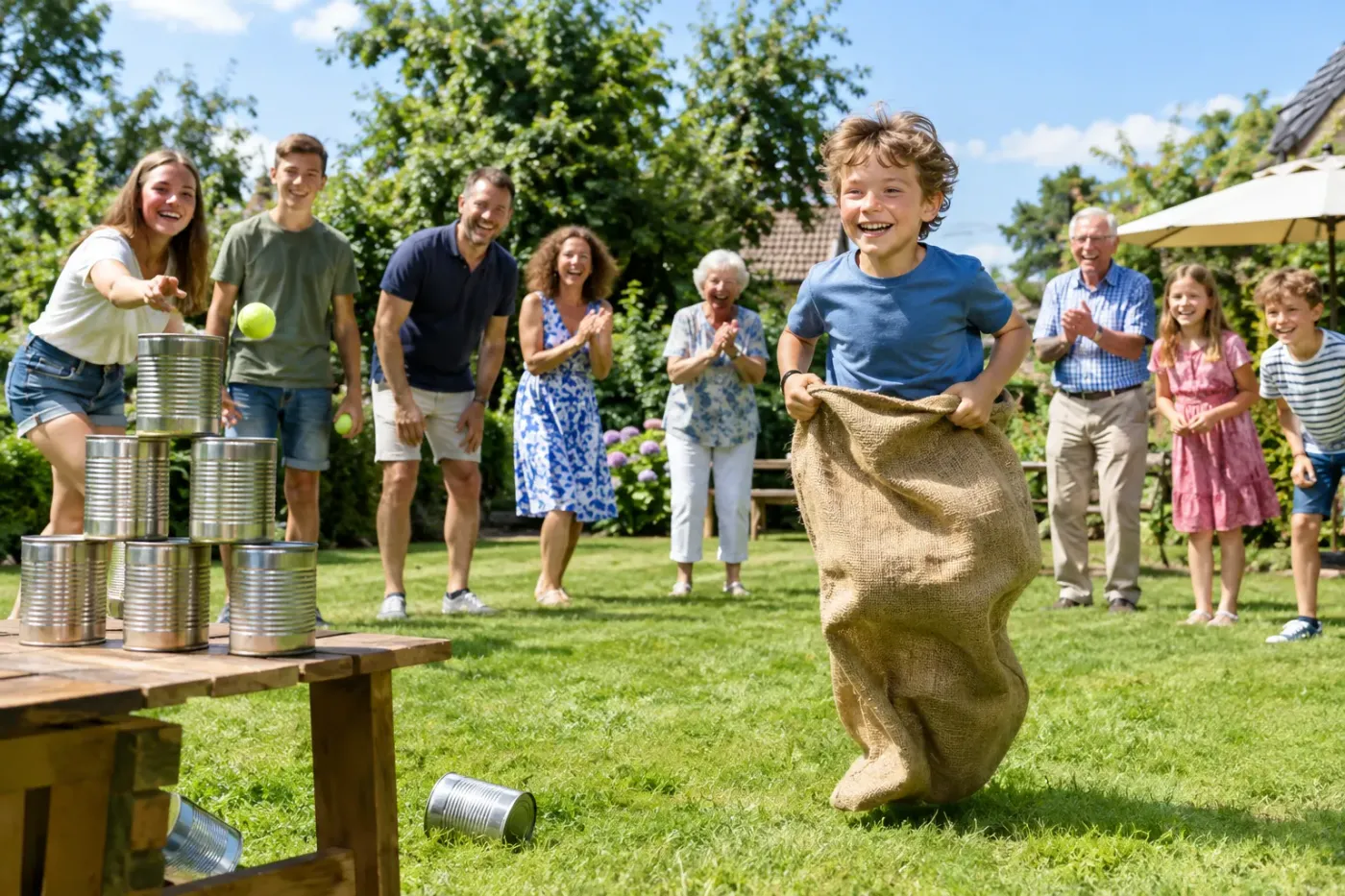 Familie van drie generaties speelt oude spelletjes in een tuin: een jongen springt in een jutezak en een tiener gooit blikken om terwijl de grootouders aanmoedigen