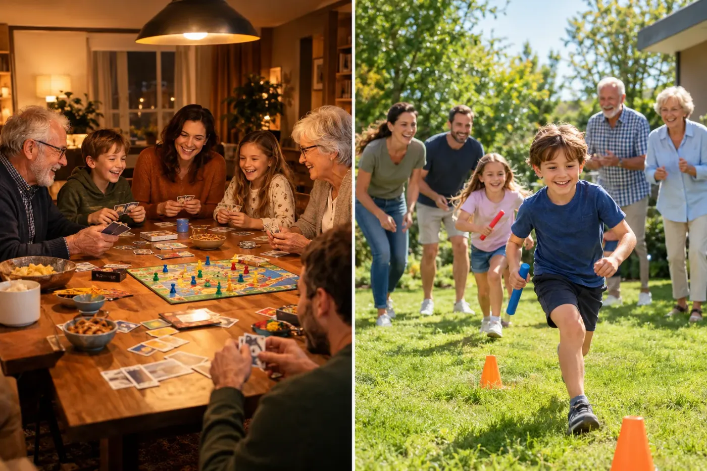 Links speelt een familie een bordspel aan een grote tafel binnen, rechts doet dezelfde familie een estafette in de tuin