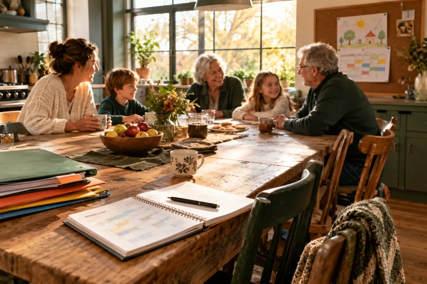 Lange houten tafel gedekt voor een familieweekend, met herfstlicht door de ramen
