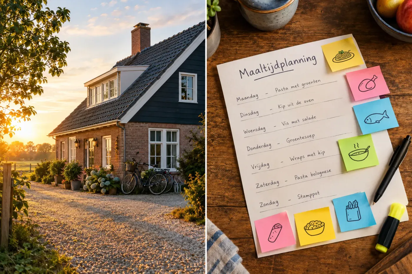 Links een vakantiehuis op het platteland, rechts een weekmenu met briefjes op tafel