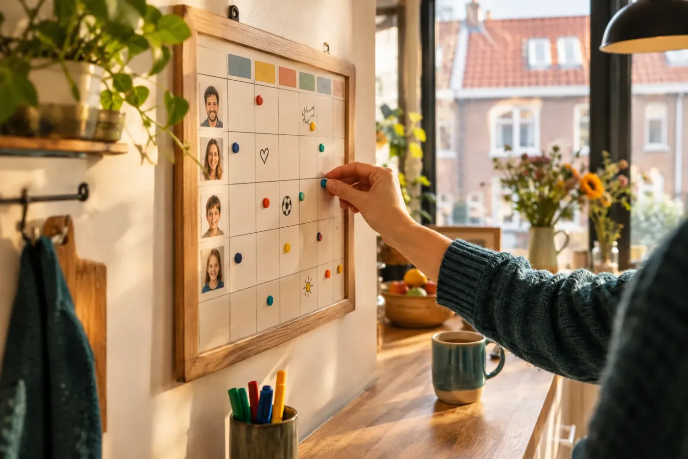 Hand die een magneet op een houten gezinsplanbord met foto's van het gezin zet, in een zonnige keuken met uitzicht op bakstenen huizen