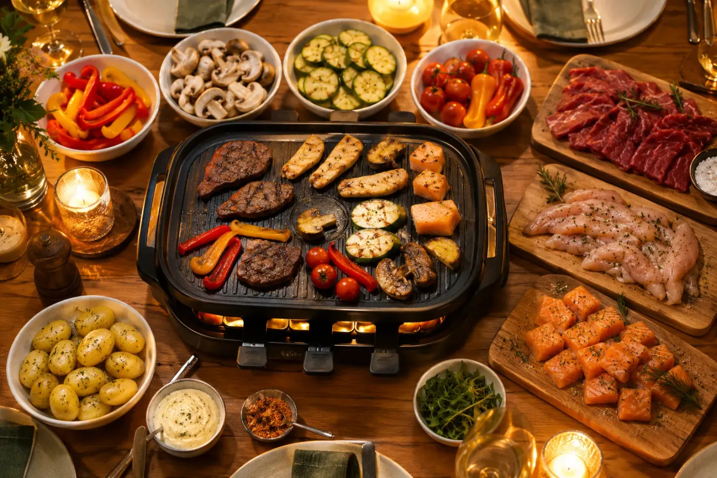 Gedekte tafel bij kaarslicht met een gourmetstel vol gebakken vlees en groente, omringd door schaaltjes paprika, champignons, courgette en tomaatjes en plankjes met rauw rundvlees, kip en zalm