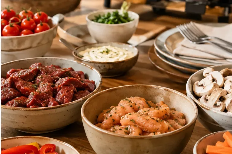 Schaaltjes met voorgesneden rundvlees, kip, champignons, tomaatjes, wortel en paprika en een schaaltje saus op een houten tafel, klaar voor een gourmetavond