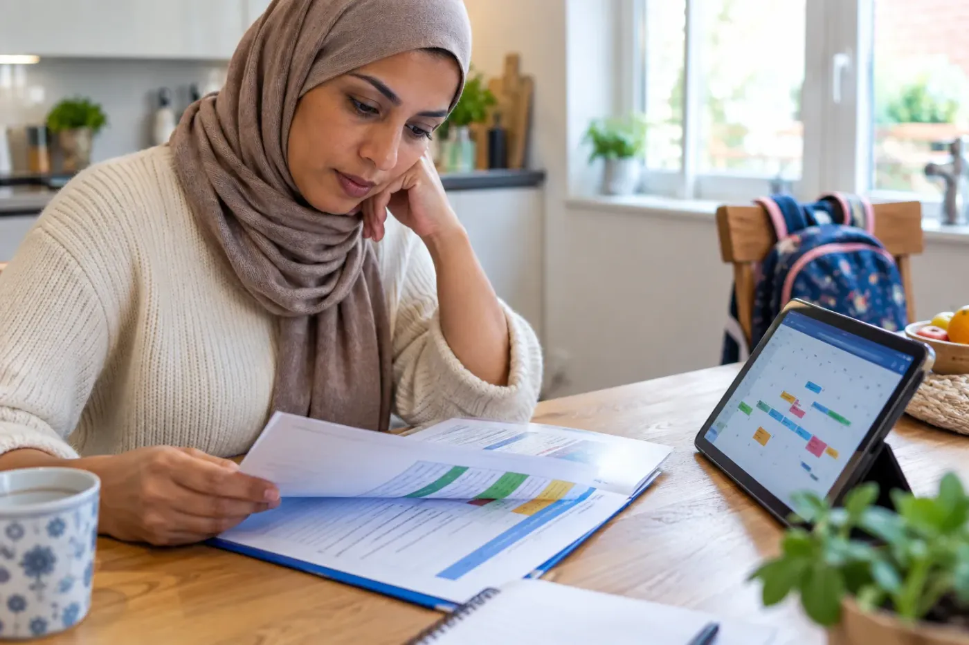 Moeder aan de keukentafel bekijkt een schoolrapport naast een tablet met de gezinsagenda