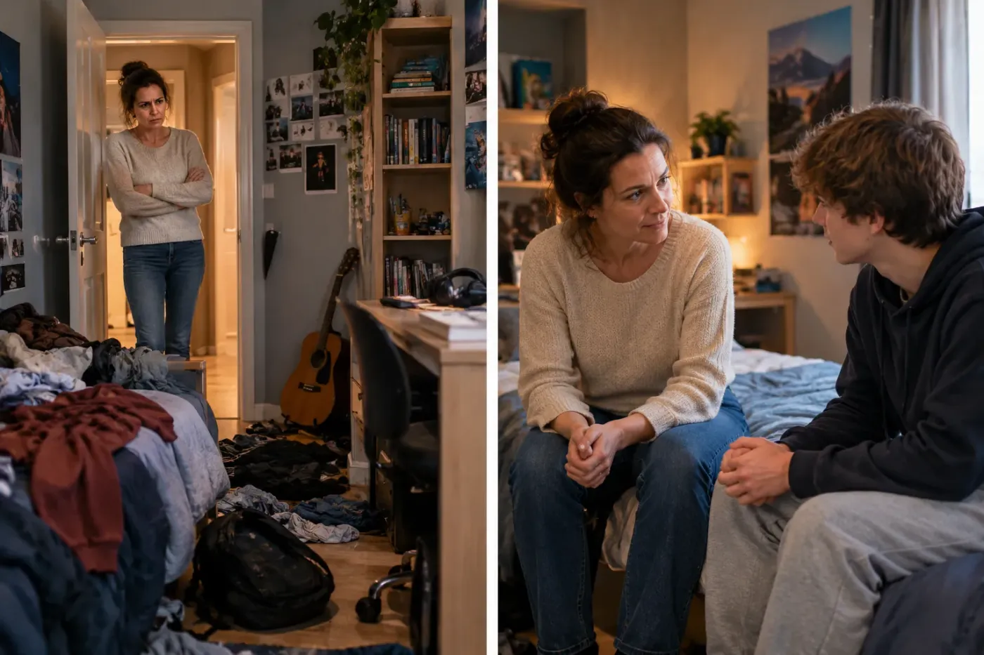 Een moeder staat met gekruiste armen in de deuropening van een rommelige tienerkamer, en zit daarna rustig op het bed met haar zoon te praten