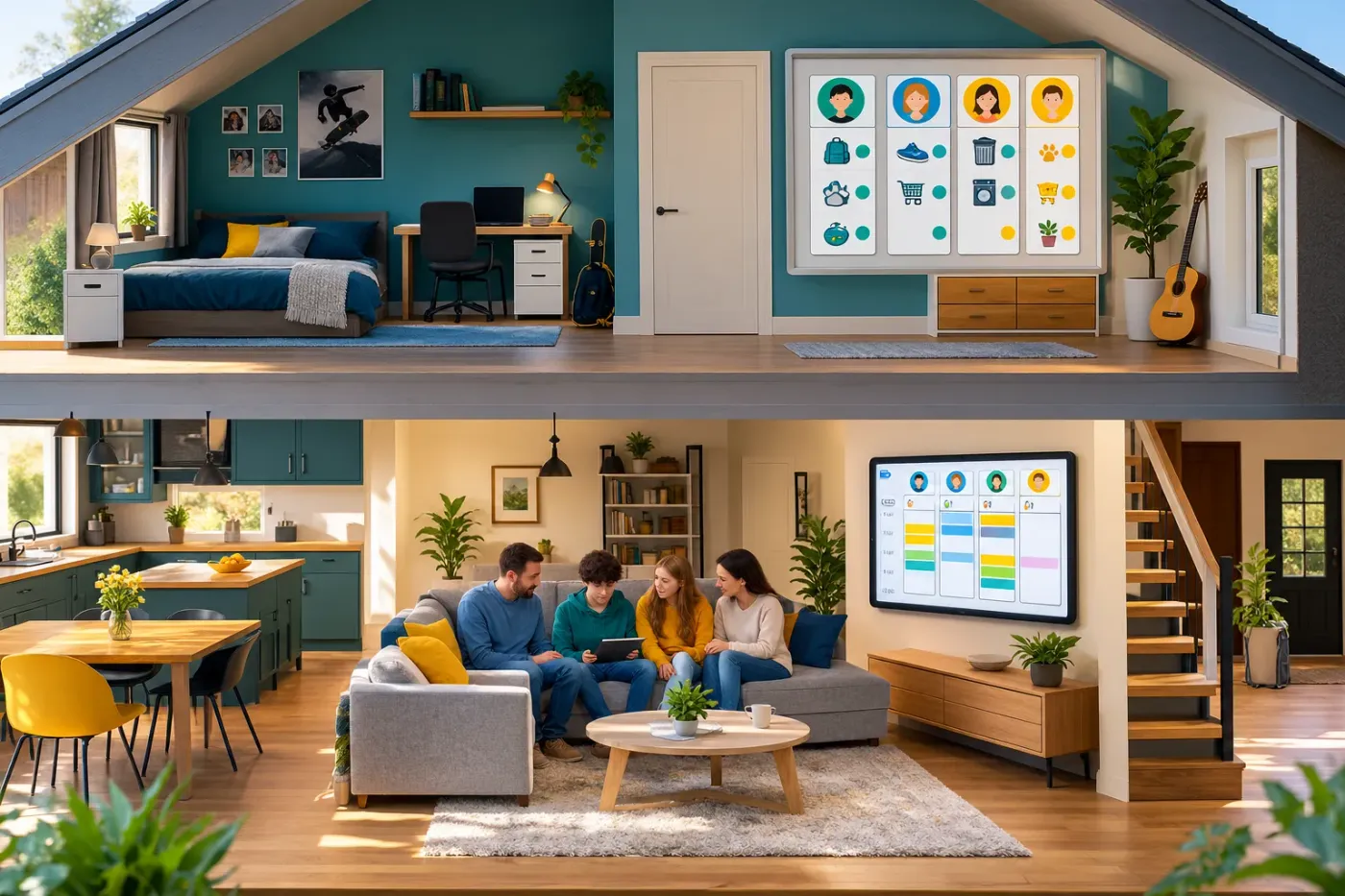 Doorsnede van een gezinswoning met een tienerkamer boven en het gezin samen op de bank beneden