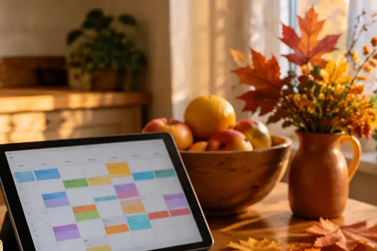 Keukentafel in de herfst met een tablet met een kleurige weekplanning, een fruitschaal en een kan met herfstbladeren