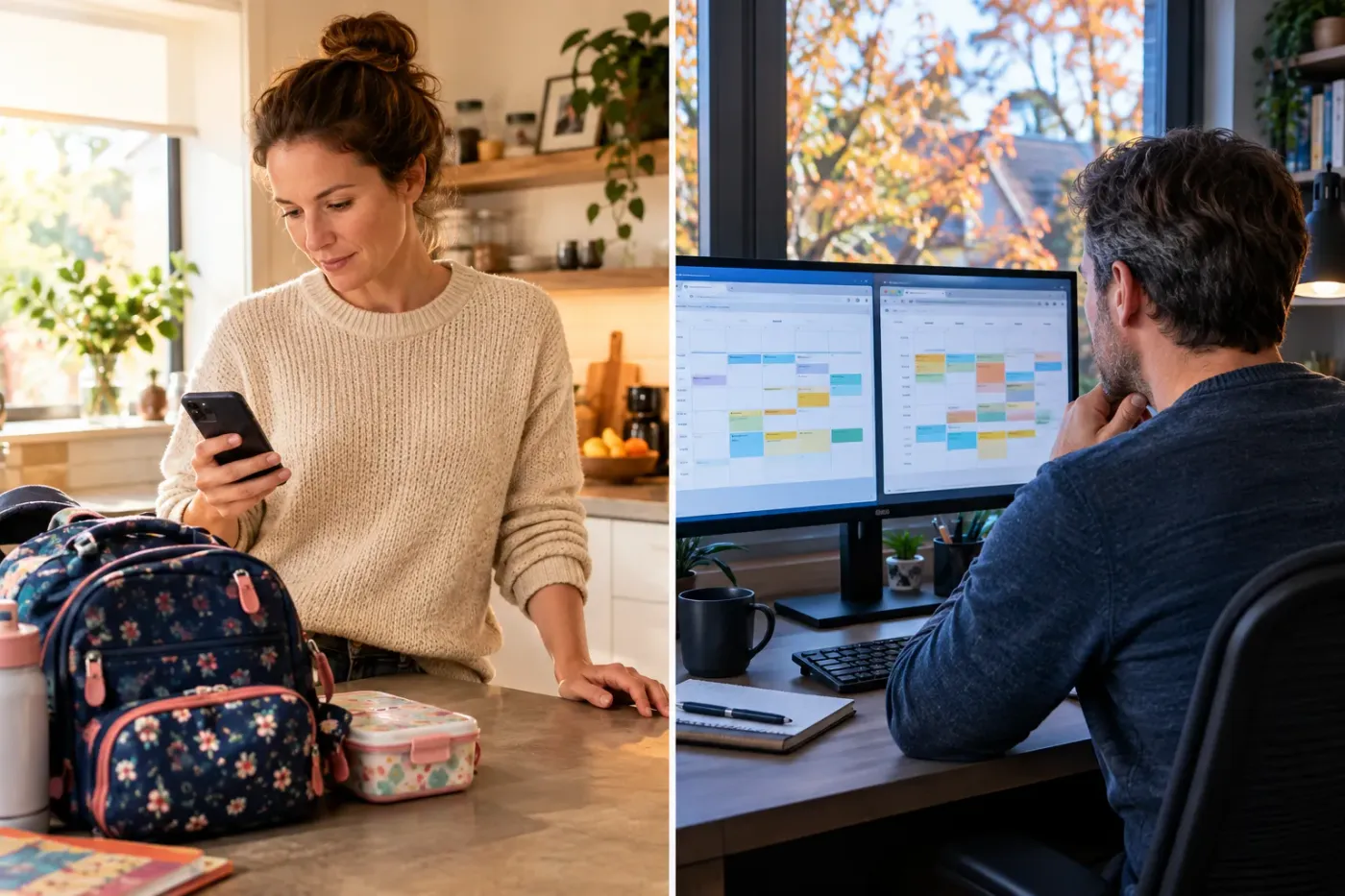 Moeder kijkt in de keuken op haar telefoon naast een schooltas, vader bekijkt thuis aan zijn bureau de weekplanning op zijn scherm
