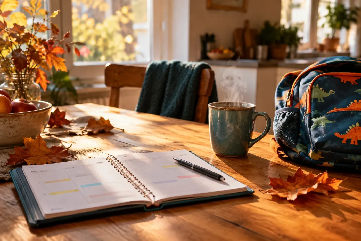 Keukentafel in de herfstzon met een weekplanner, een kop koffie en kastanjes