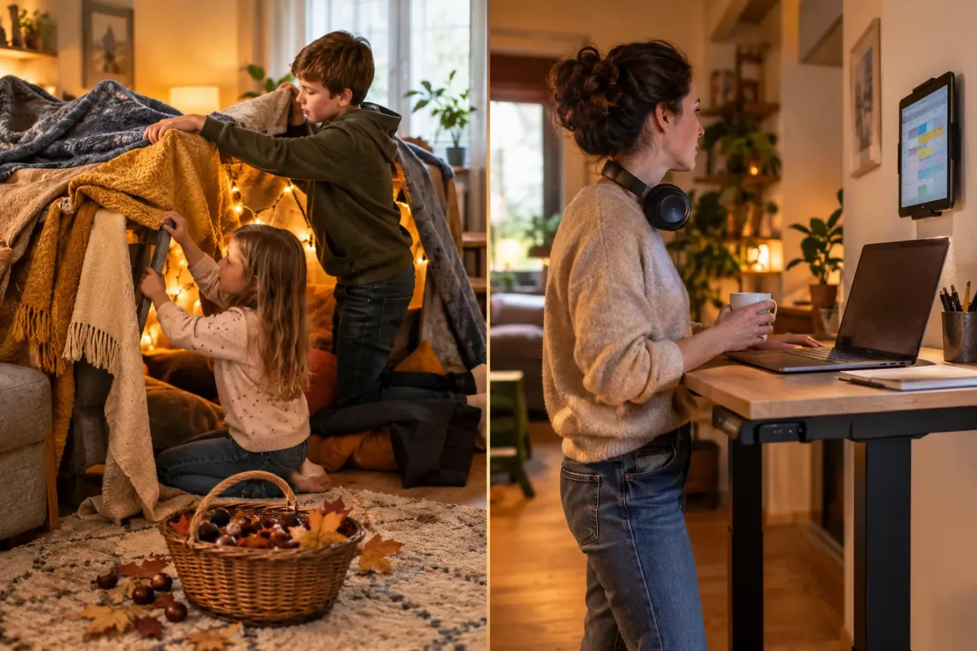 Links bouwen twee kinderen een hut van dekens, rechts werkt een moeder aan de laptop met een tablet aan de muur