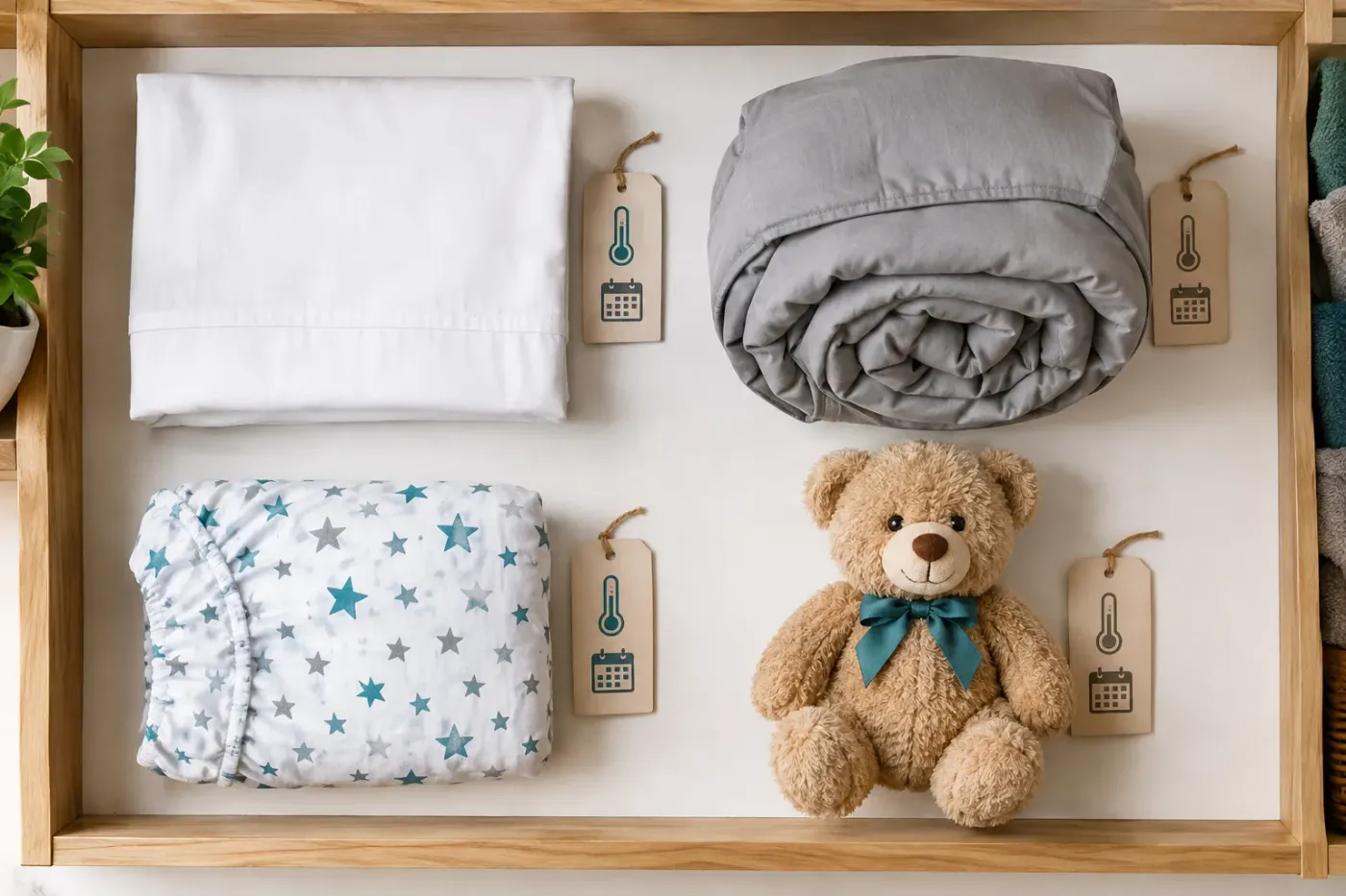 Opgevouwen kussensloop, opgerold dekbedovertrek, hoeslaken met sterren en een teddybeer op een plank, elk met een label met een thermometer