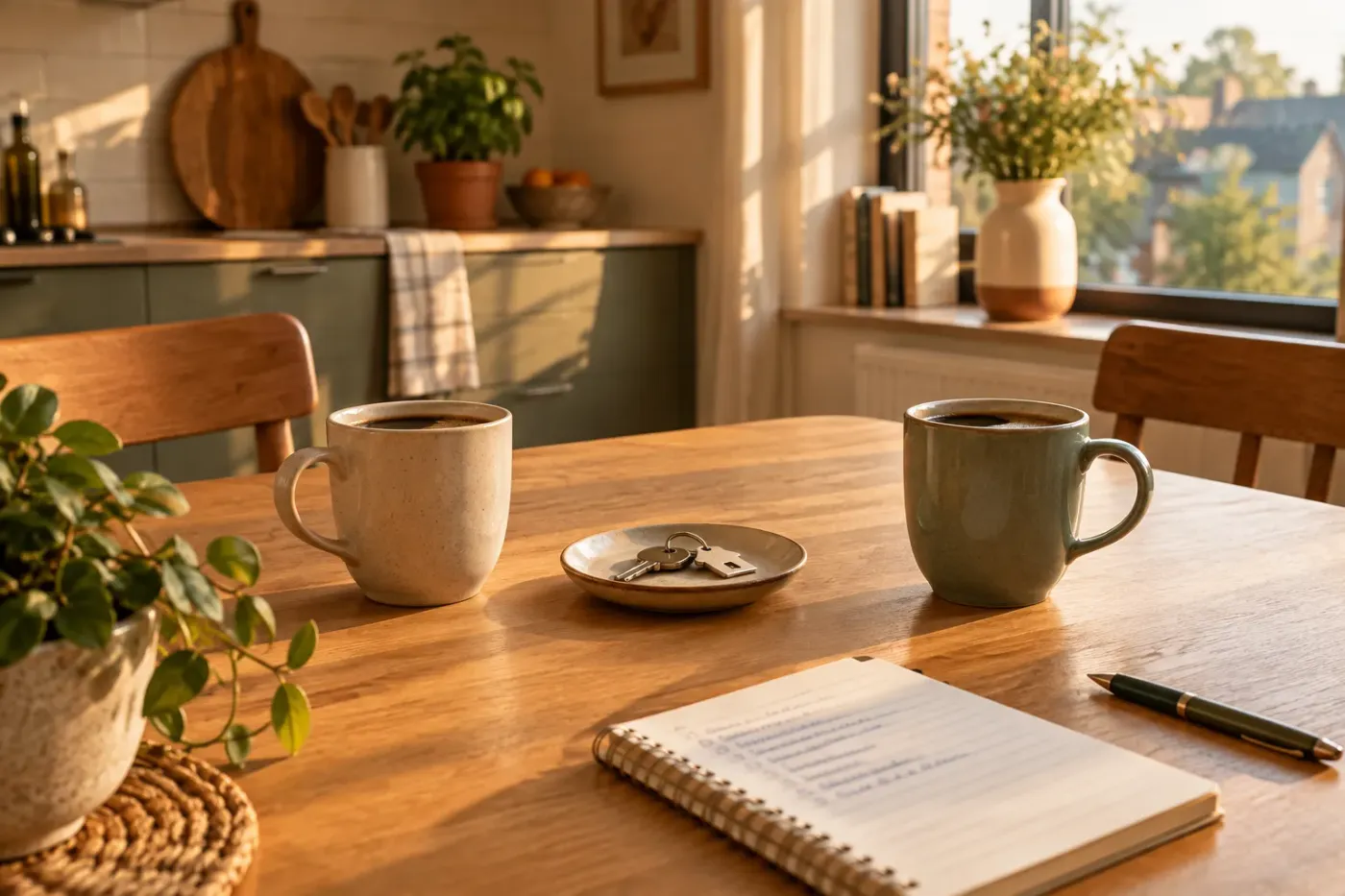Nederlandse keuken in het namiddaglicht, met een opgeruimde houten eettafel