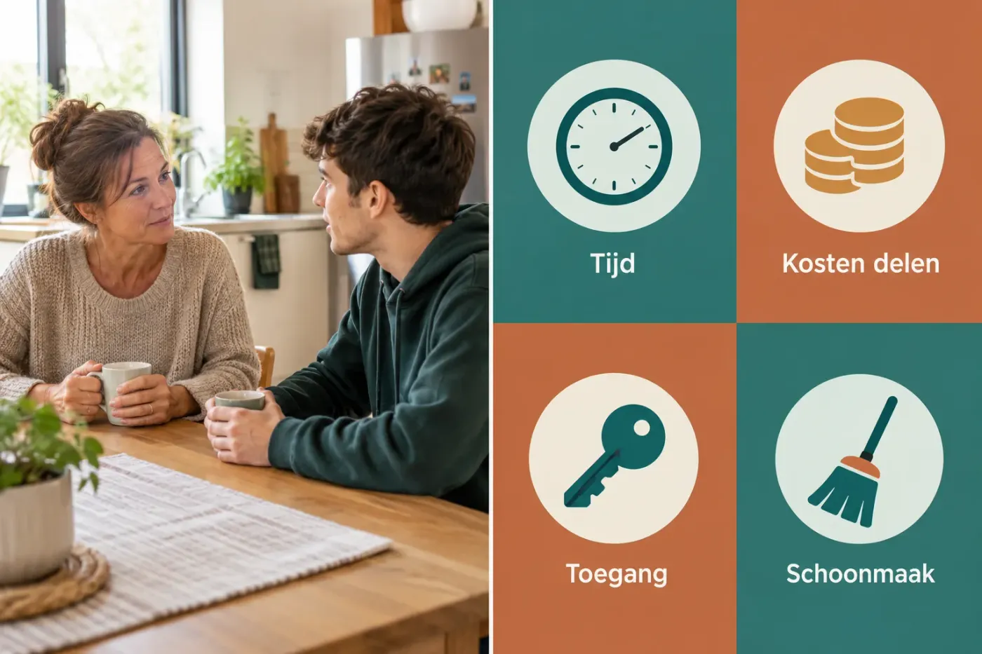 Moeder en volwassen zoon praten aan de keukentafel