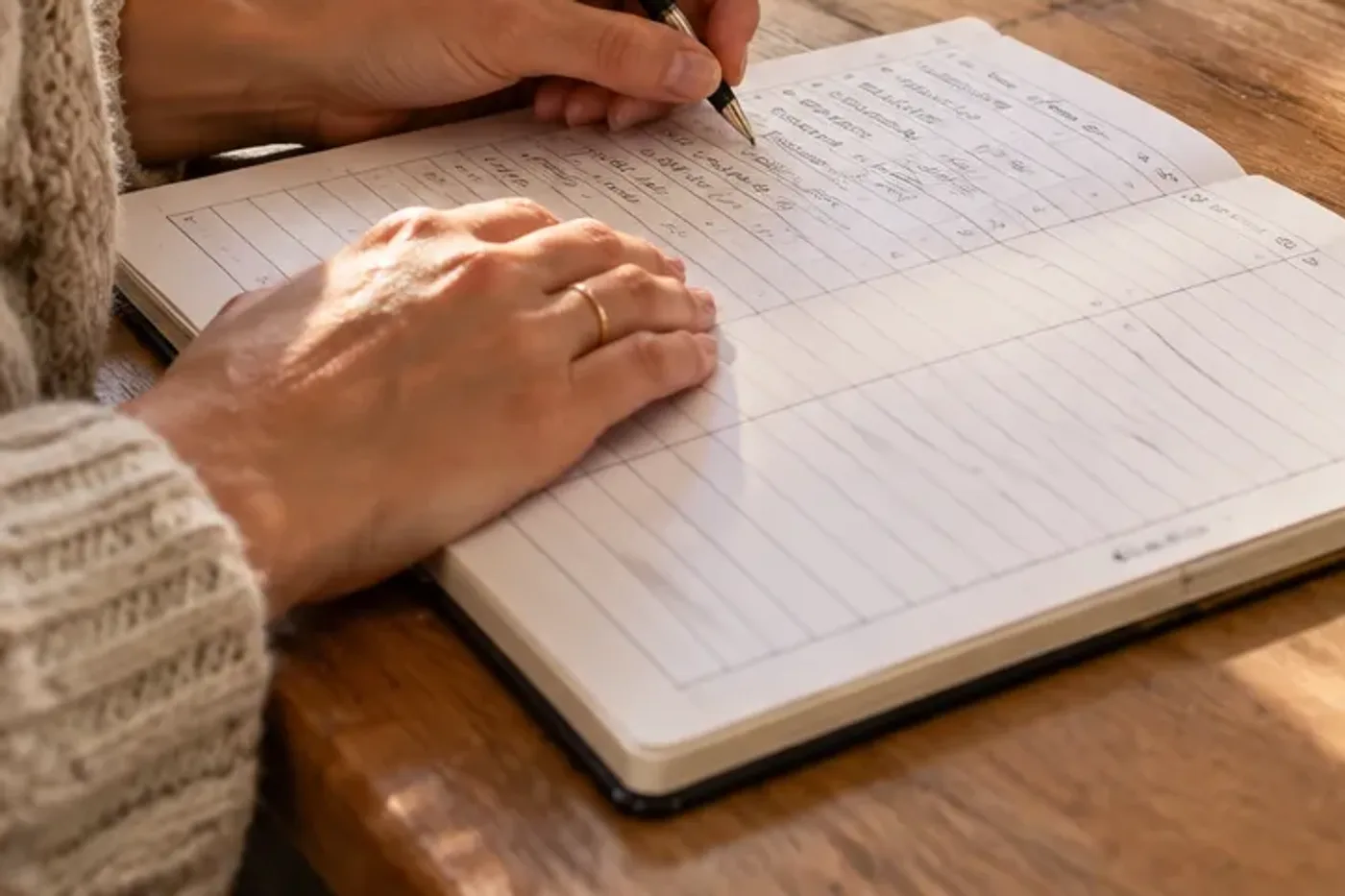 Twee handen schrijven in een gelinieerd notitieboek op een houten tafel