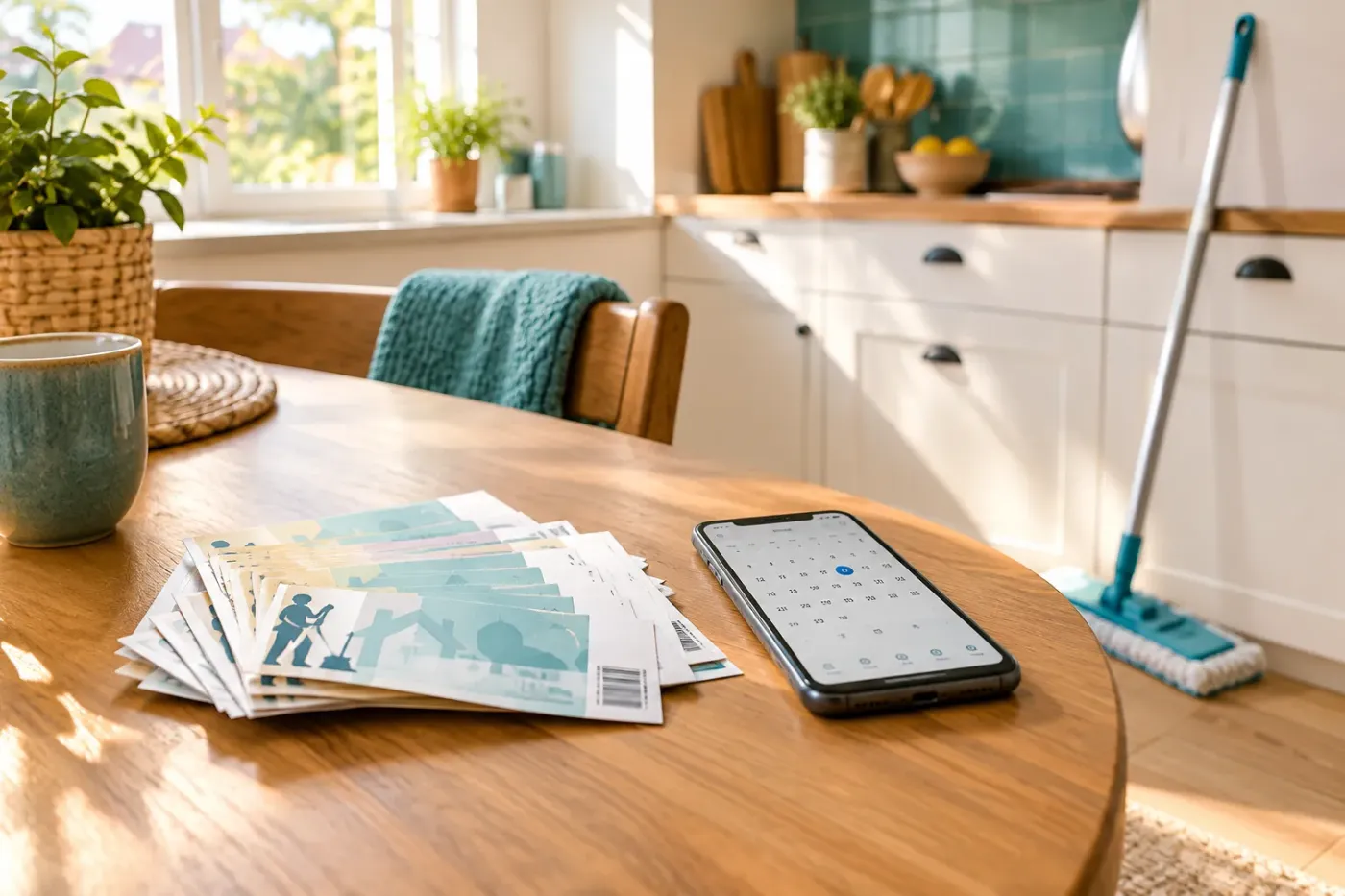 Een waaier dienstencheques en een smartphone op een houten keukentafel, met een dweil tegen de kasten op de achtergrond