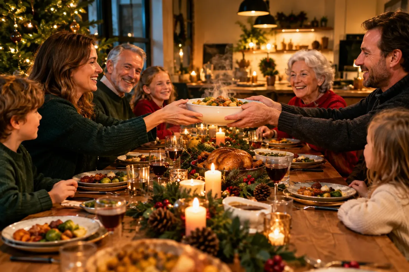 Drie generaties aan een feestelijk gedekte kersttafel geven elkaar een schaal met eten door